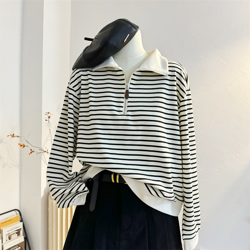 宽松韩版拉链半开领卫衣条纹套头