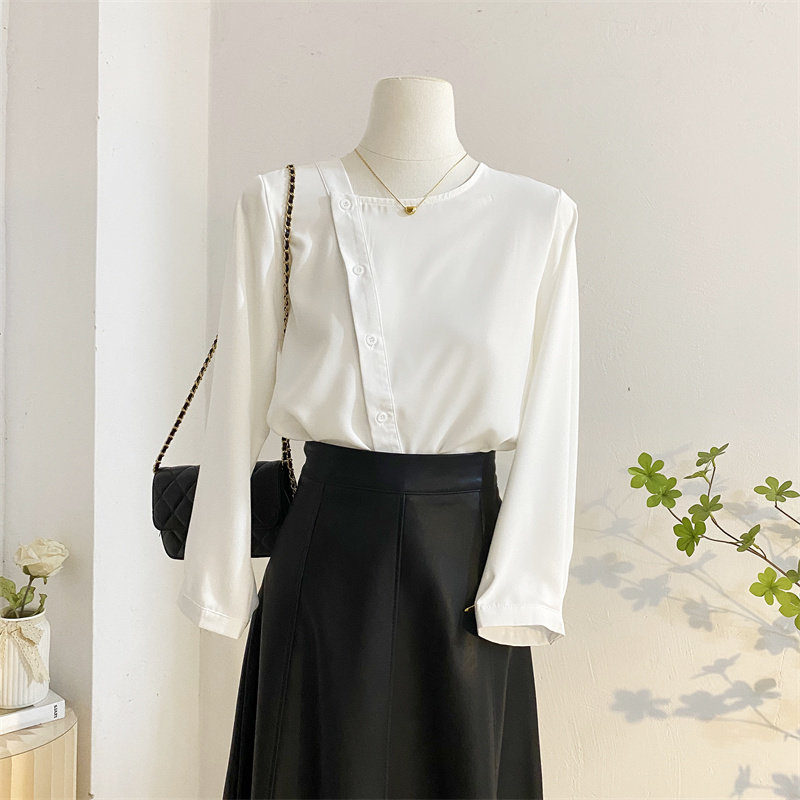 斜扣圆领长袖衬衫女2025春设计感小众简约气质百搭白色雪纺衫上衣