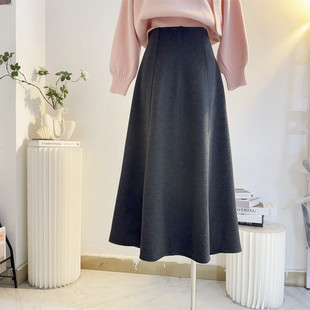 深灰色毛呢半身裙女2024秋冬中长款松紧高腰A字大摆气质呢子伞裙