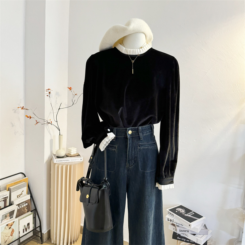 复古气质套头长袖丝绒立领衬衫女