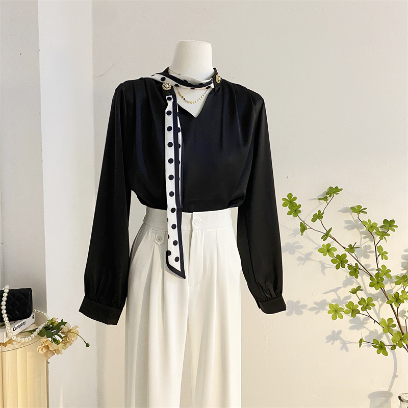 蝴蝶结系带缎面衬衫女春气质长袖