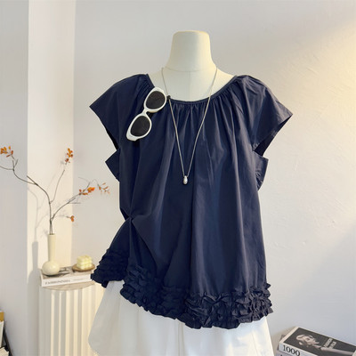宽松韩系木耳边圆领飞飞袖衬衫女