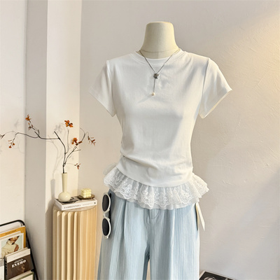 韩系蕾丝花边拼接修身短袖T恤女