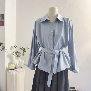 2026春季 女长袖 设计感小众气质显瘦腰带衬衣 翻领收腰衬衫 蓝色法式