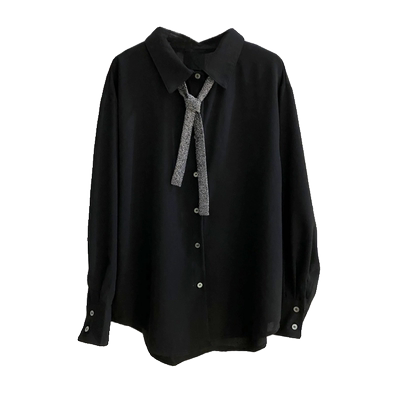 宽松复古港风单排扣长袖领带衬衫