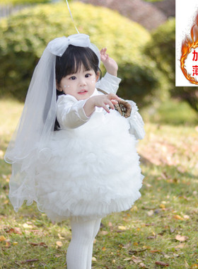 高端白色秋冬女童周岁生日抓周花童婚纱礼服女宝公主裙加绒蓬蓬裙