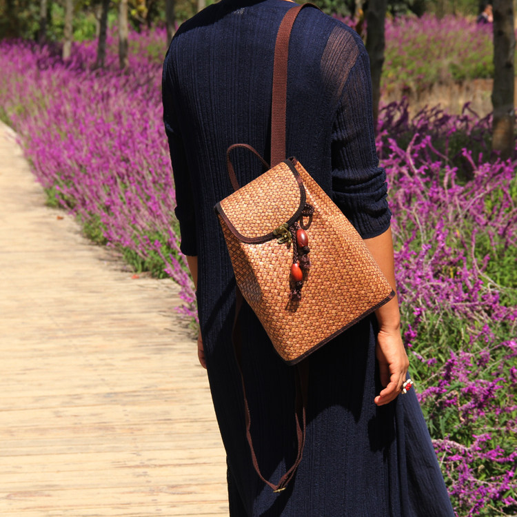 热销泰国进口原创民族特色中式复古风休闲海草编织双肩女士背包