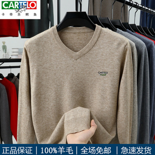 卡帝乐鳄鱼男士鸡心领羊毛衫冬新款100%纯羊毛针织衫V领毛衣中年