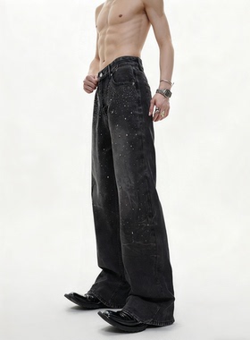 He刺野/美式高街黑灰色烫钻牛仔裤男款宽松满天星直筒窄款牛仔裤