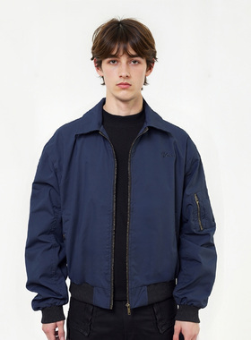 He刺野/美式bomber翻领藏蓝色飞行夹克短款cleanfit外套男女