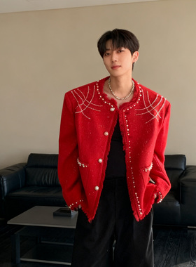 He刺野/小众珍珠点轻奢夹克设计垫肩红色小香风夹克外套男上衣