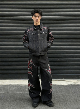 He刺野/“火焰烫钻”街头火焰刺绣原牛牛仔上衣裤子套装夹克开衫