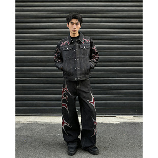 夹克开衫 He刺野 子套装 街头火焰刺绣原牛牛仔上衣裤 火焰烫钻