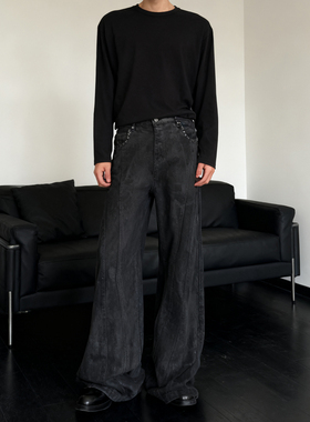 He刺野/黑色铆钉喇叭高腰牛仔裤男刷蜡拖地弯刀微喇高个子牛仔裤