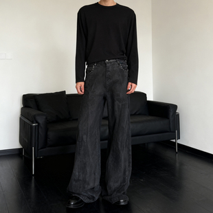 He刺野/黑色铆钉喇叭高腰牛仔裤男刷蜡拖地弯刀微喇高个子牛仔裤