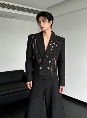 He刺野/重工钉珠垫肩黑色西服外套男模高级感痞帅风演出西装