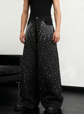 He刺野/爆闪黑色阔腿裤满天星烫钻美式牛仔裤小众宽松重工阔腿裤
