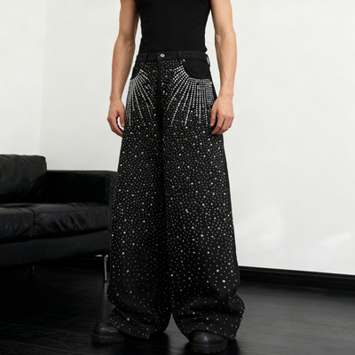 美式黑色牛仔裤满天星烫钻阔腿裤
