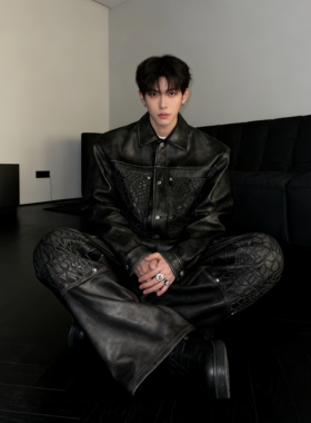 He刺野/黑色皮夹克外套男秋季血月之夜蜘蛛网皮衣痞帅夹克外套