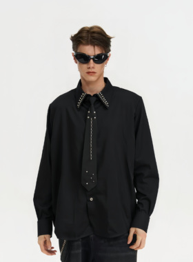 He刺野/小众设计感钉珠衬衣时尚休闲百搭宽松个性配领带衬衣