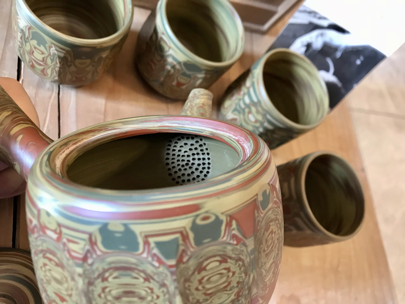 日本进口常滑烧绞泥无形文化财常滑烧大师小西洋平一壶五杯共箱