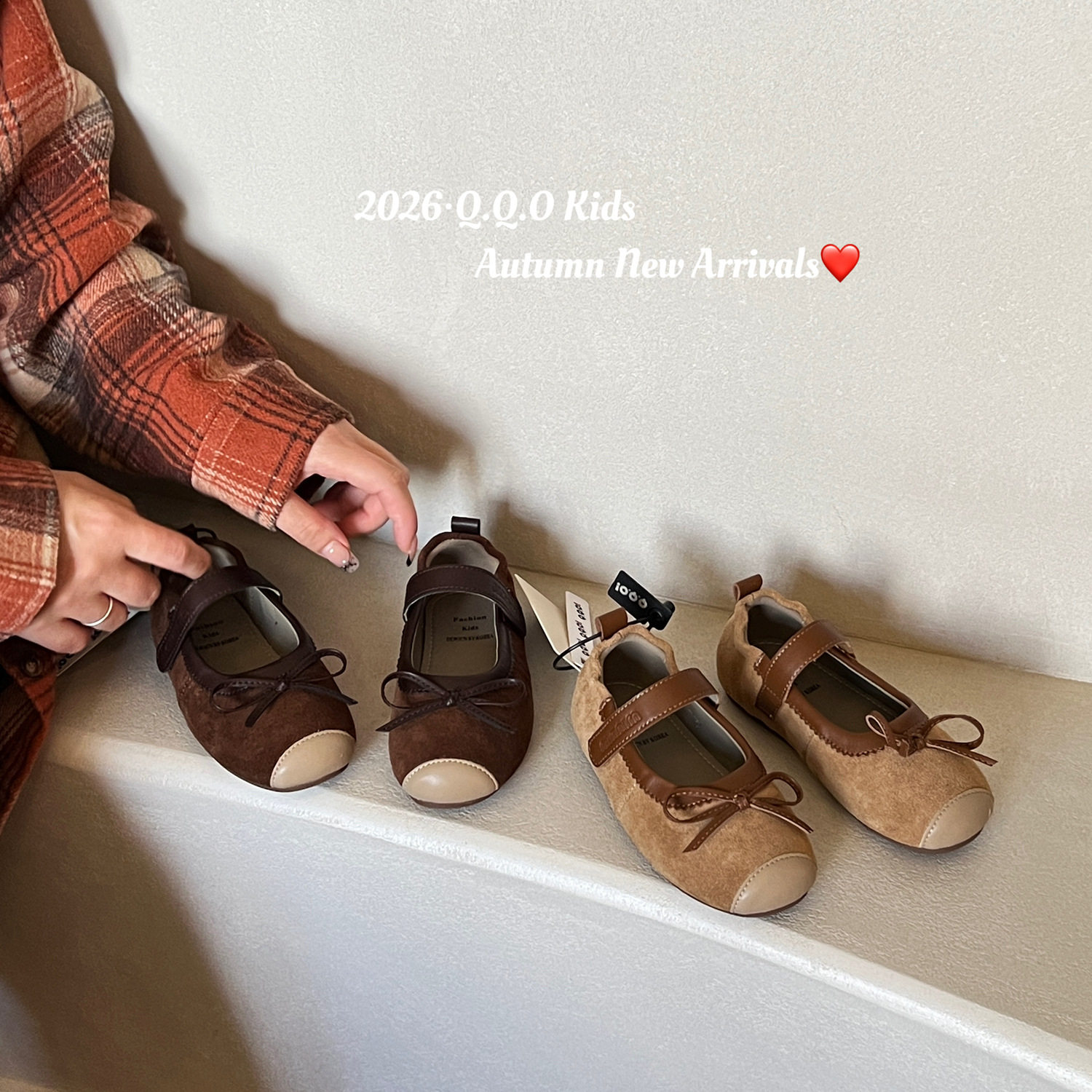 QQO童鞋 2026秋季新款儿童皮鞋复古森系蝴蝶结绒面浅口女童公主鞋