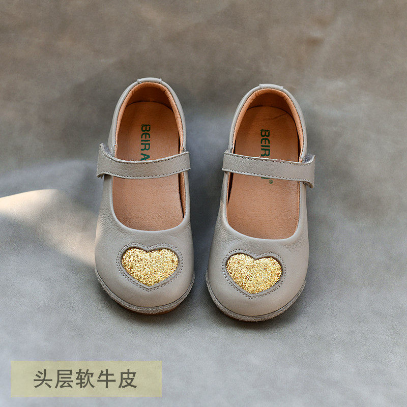 女童韩版真皮公主鞋爱心亮片超纤宝宝软皮软底黑色皮鞋春秋款