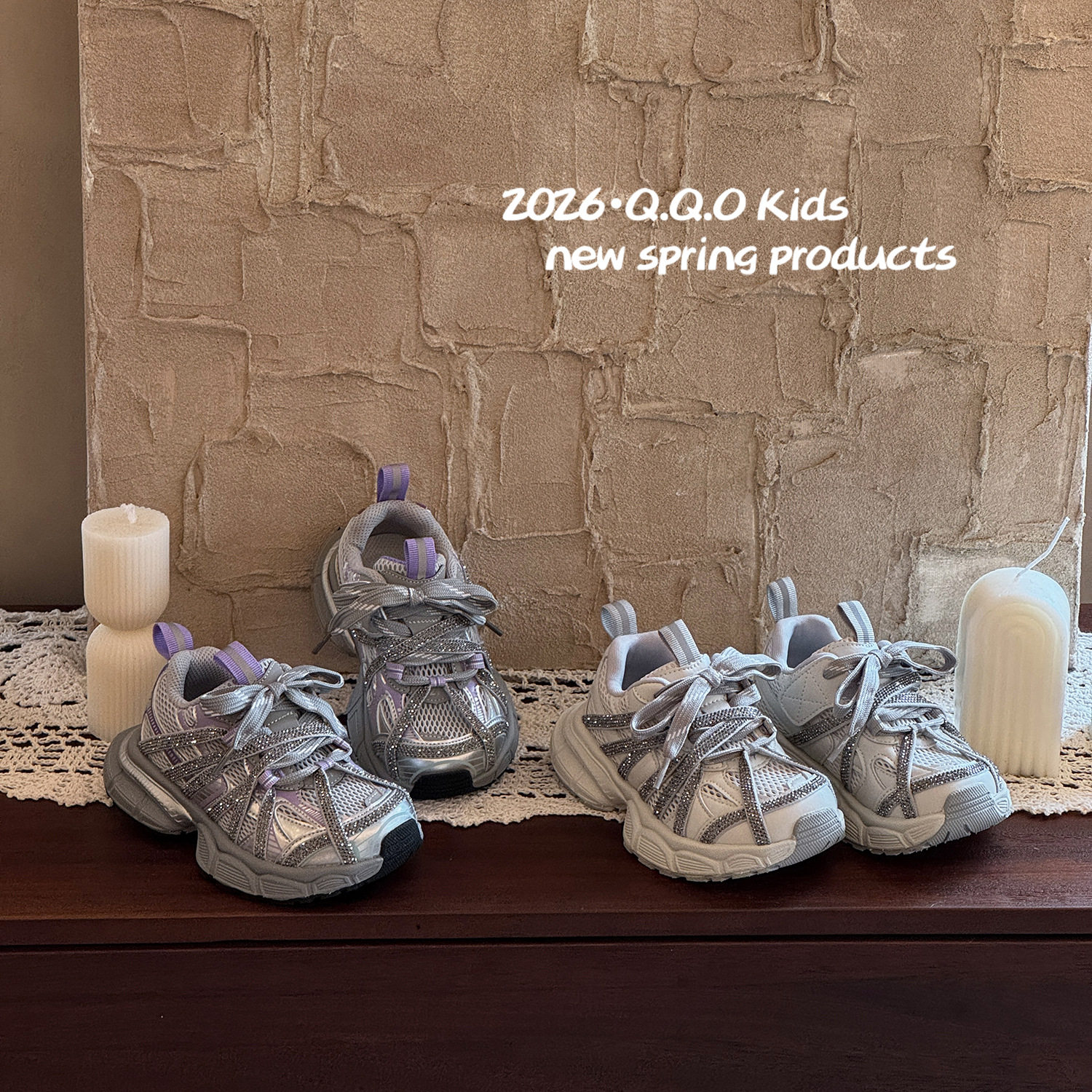 QQO童鞋 2026夏季新款女童单网老爹鞋时尚水钻绑带透气儿童运动鞋