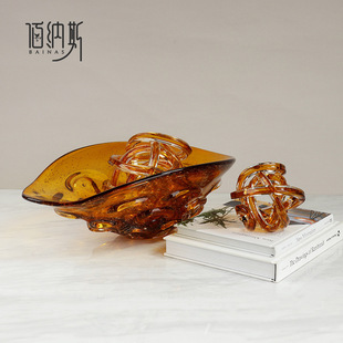 轻奢简约琥珀色创意玻璃水果盘样板房餐厅桌面饼干糖果储物小摆件