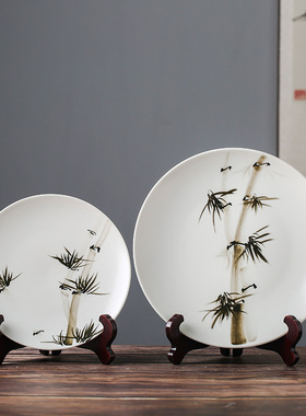 现代新中式古典水墨禅意竹盘客厅书房坐盘挂盘瓷盘摆件装饰工艺品