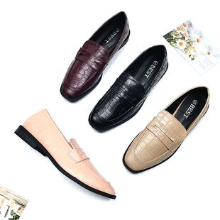 性价比`外贸单2021平底方头乐福鞋单鞋女低跟秀气小皮鞋大码女鞋