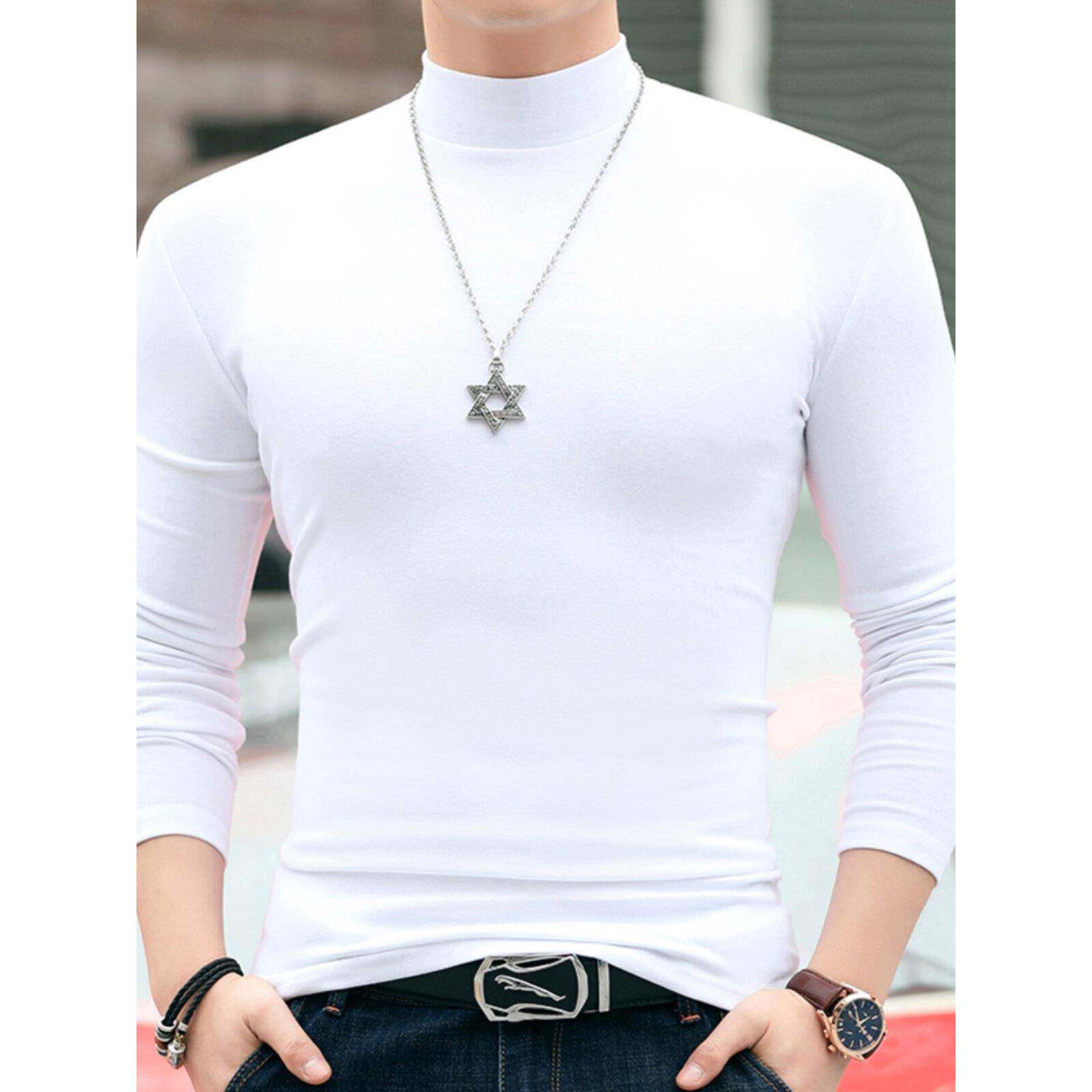 香港秋冬季长袖大码白色打底衫男士纯棉内搭上衣潮修身半高领T恤