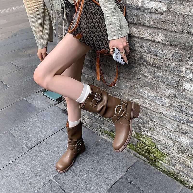 香港大筒围宽松西部牛仔靴女2025春秋厚底增高中筒靴美拉德棕色靴