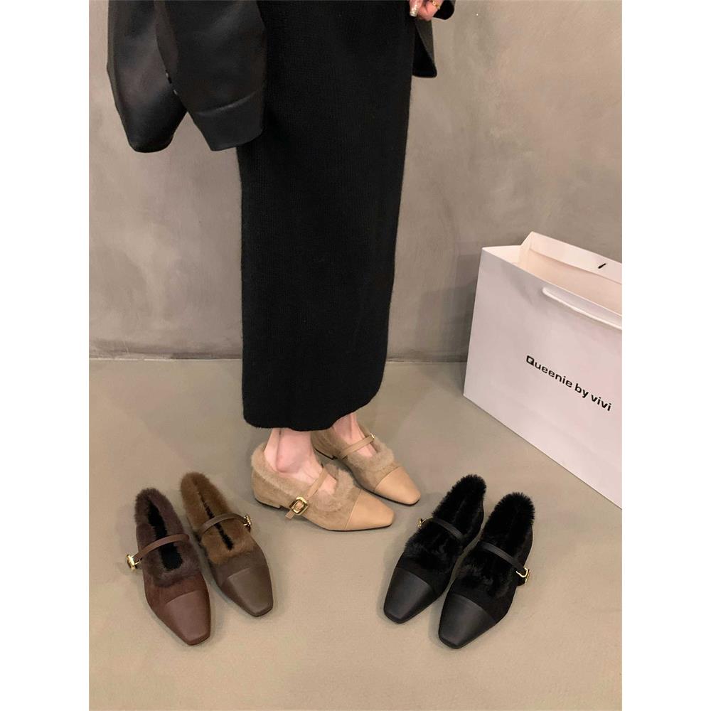 香港低跟加绒毛毛鞋玛丽珍单鞋女鞋子2025新款冬季晚晚保暖棉鞋