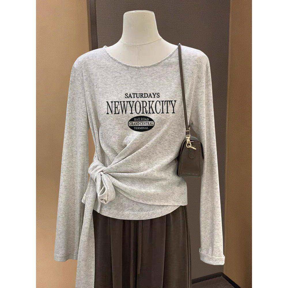 韩国收腰绑带设计感正肩纯棉长袖t恤女2025秋季修身显瘦高级上衣