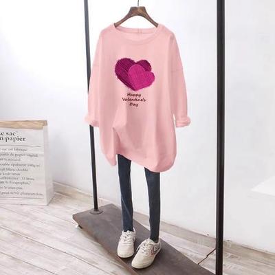粉色爱心长袖t恤女2024春秋新款中长款遮屁股宽松纯棉内搭打底衫