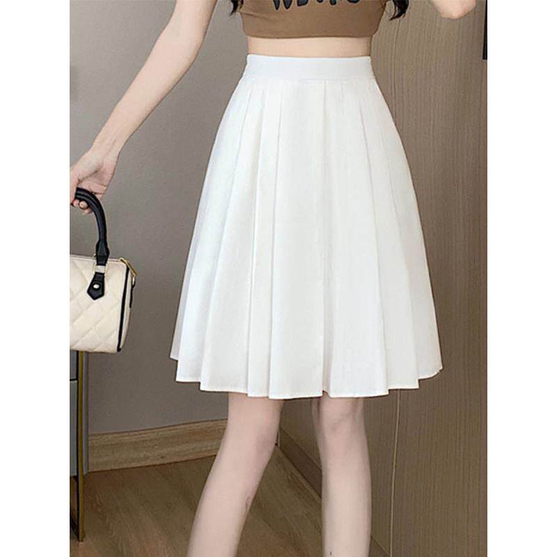 白色百褶半身中裙女士夏季新款高腰a字伞裙小个子显瘦休闲半裙子
