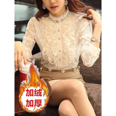 韩国秋冬装镂空立领蕾丝衫女长袖胖妹妹加绒加厚衬衫打底衫上衣