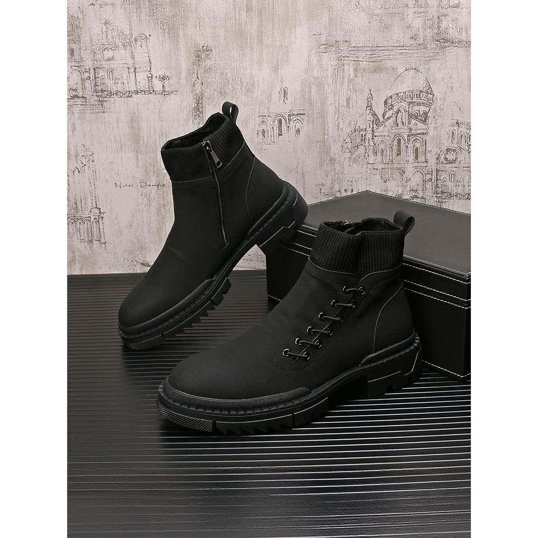 欧洲站袜口马丁靴男秋冬加绒保暖高帮棉鞋厚底内增高短筒工装短靴