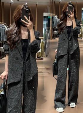 香港代购时尚套装女秋新款小香风洋气显瘦西服外套阔腿裤两件套潮