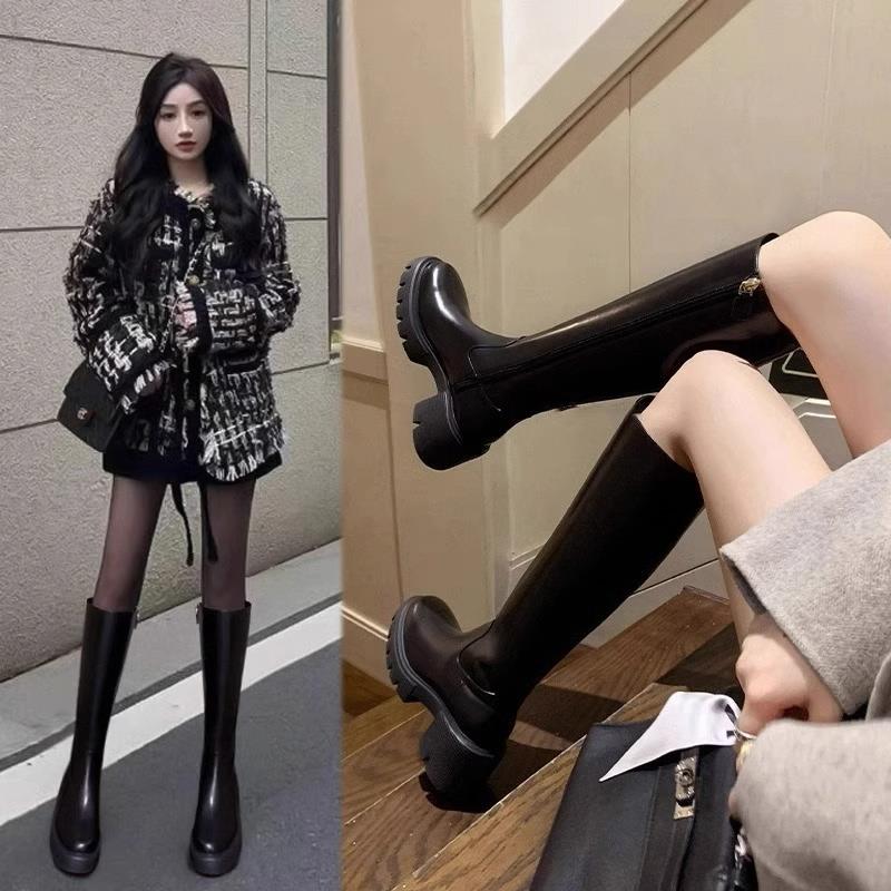 香港显瘦高筒骑行靴女秋冬2024新款法式高跟百搭长腿内增高长筒靴