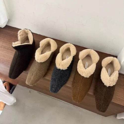 潮牌加绒保暖毛绒玛丽珍棉鞋女2025冬季方头平底百搭懒人毛毛鞋