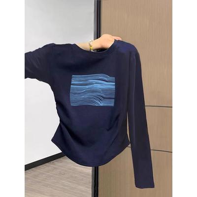 韩国设计感小众正肩纯棉收腰长袖t恤女修身藏青色上衣打底衫秋季