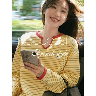 法国rouje chic春季黄色条纹v领印花小狗T恤女法式撞色长袖上衣