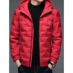 红色轻薄羽绒服男士冬季新款连帽短款本命年修身夹克保暖男款外套
