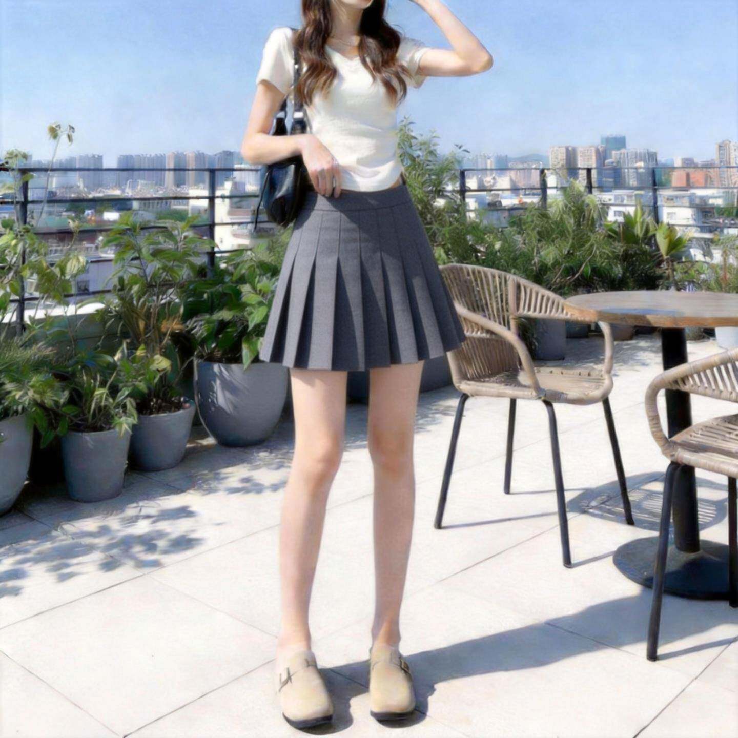 灰色百褶裙半身裙女夏季学院风气质穿搭高腰显瘦小个子a字短裙子