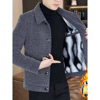 潮牌1313冬季保暖夹克男韩版修身高级感加绒加厚格子短款风衣外套
