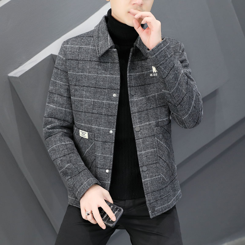 羊毛大衣男短款秋冬季2023新款加厚呢子翻领青年格子夹克男士外套