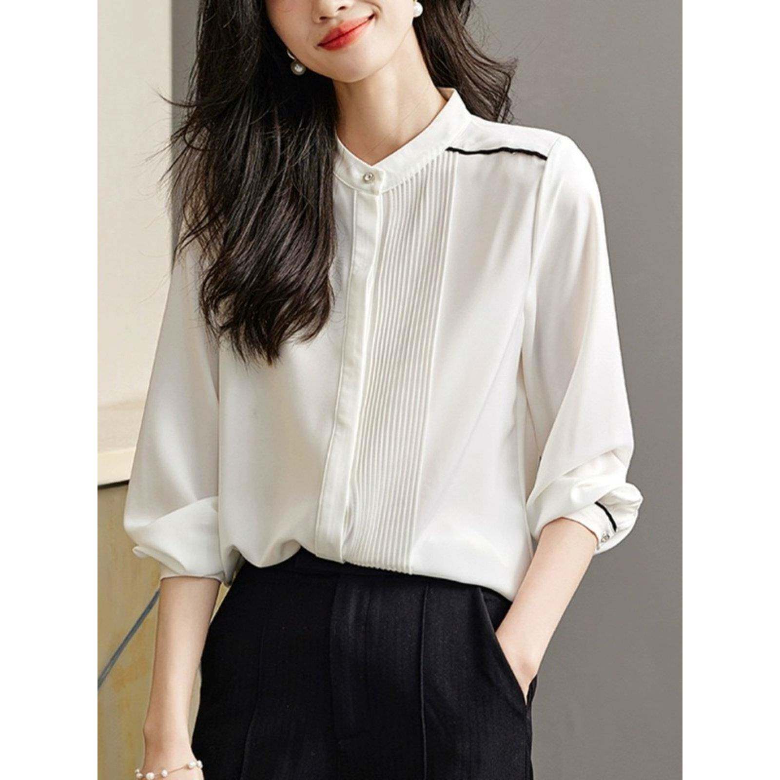 JOLIMENT长袖雪纺白色衬衫女2025年秋季新款时尚宽松显瘦圆领上衣