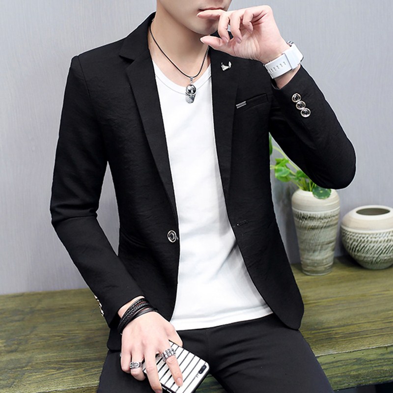 休闲西装男春秋冬季修身棉麻韩版潮流单西高端白色小西服男士外套